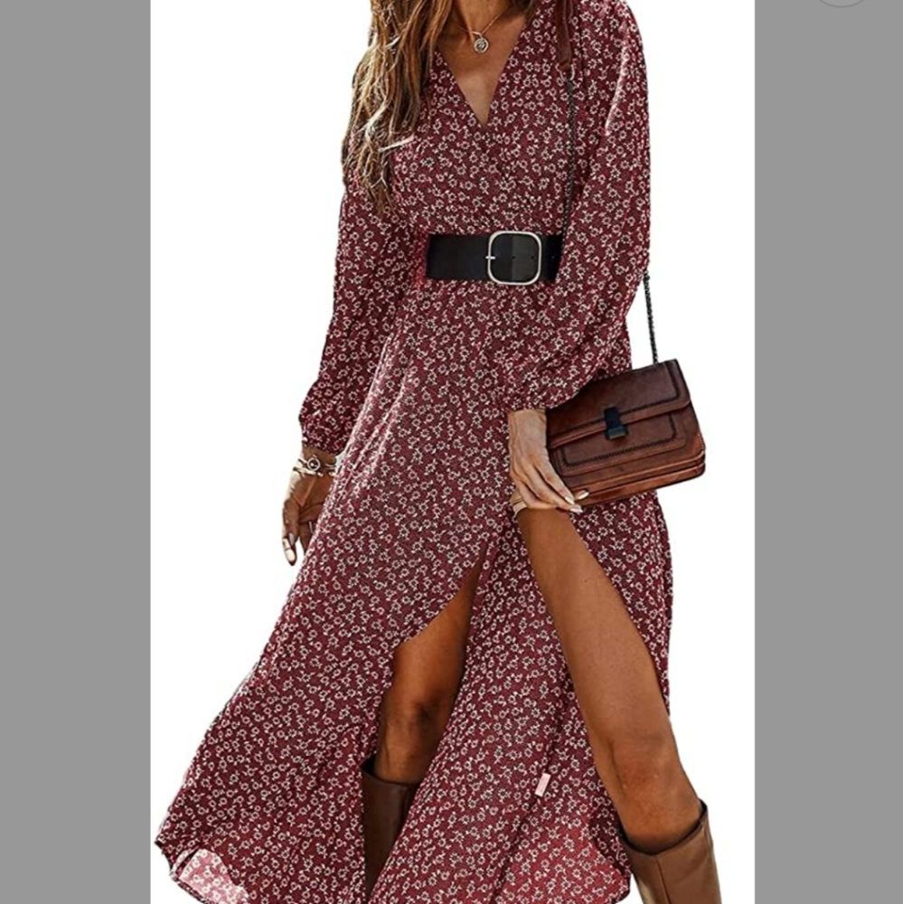 Women’s Long Sleeve Bohemian Dress V-Neck Floral Print High Split Tie Wrap Midi